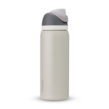 Full profile shot of the 32oz 'Rock On' FreeSip water bottle in grey and silt.