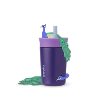 Full profile shot of the 12oz Kids' Tumbler 'Peacock Palace,' featuring two cartoon peacocks on top and at the base.