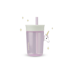 Full profile shot of the 15oz Plastic Tumbler 'Unicorn,' with a unicorn peeking its head from behind.