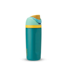 Owala blue and yellow 16oz kids&#39; freesip water bottle.
