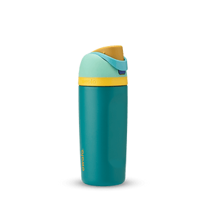 Owala blue and yellow 16oz kids' freesip water bottle.